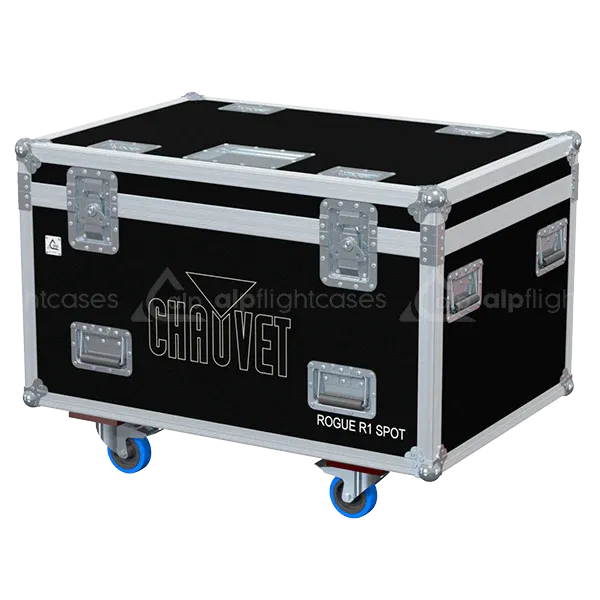 ALP FLIGHT CASES front view of 4x Chauvet Rogue R1 Spot flight case with heavy-duty touring hardware