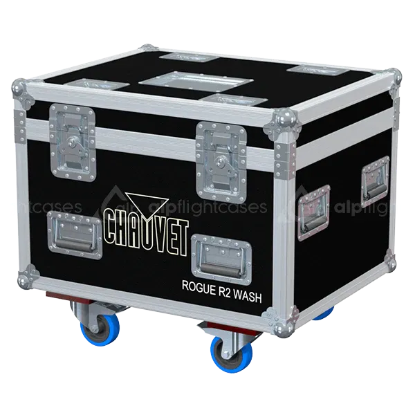 ALP FLIGHT CASES front view of 4x Chauvet Rogue R2 Wash flight case with heavy-duty touring hardware