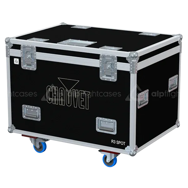 ALP FLIGHT CASES front view of 4x Chauvet Rogue R3 Spot flight case with heavy-duty touring hardware