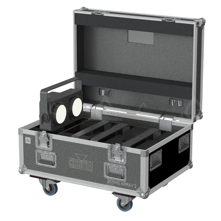4x Chauvet Strike Array 2 blinders stored in ALP lighting flight case with custom CNC foam compartments