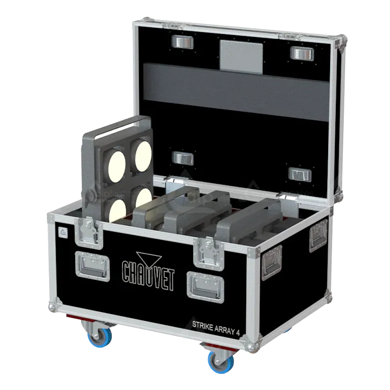 4x Chauvet Strike Array 4 blinders stored in ALP lighting flight case with custom CNC foam compartments