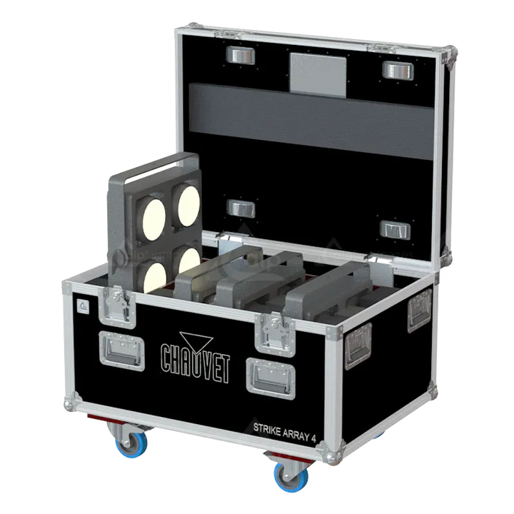 4x Chauvet Strike Array 4 blinders stored in ALP lighting flight case with custom CNC foam compartments
