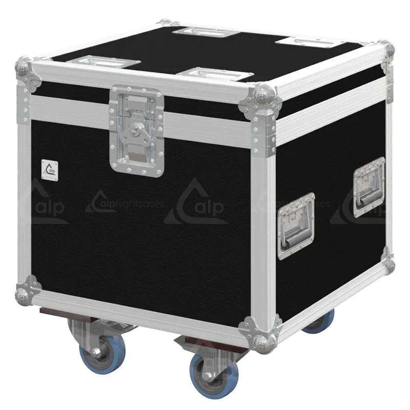 Front view of 4x Chauvet WELL Panel flight case with wheels and heavy-duty touring hardware