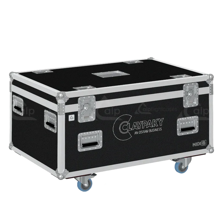 ALP FLIGHT CASES - Front view of 4x Claypaky Midi-B flight case shell with heavy-duty hardware