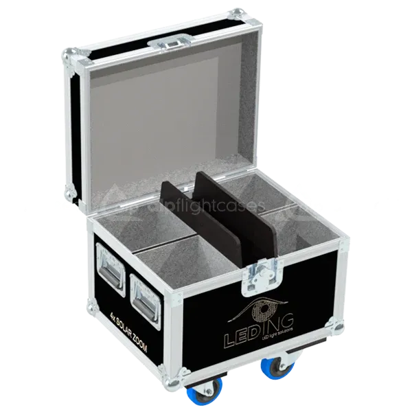 Empty flight case for 4x Leding Solar Zoom RGBW showing precision-cut vertical slots and accessory storage
