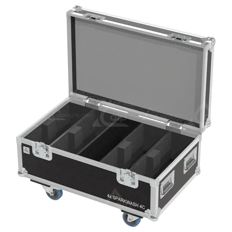 Empty flight case for 4x Leding SPARKWASH 4C showing precision-cut slots and accessory storage space