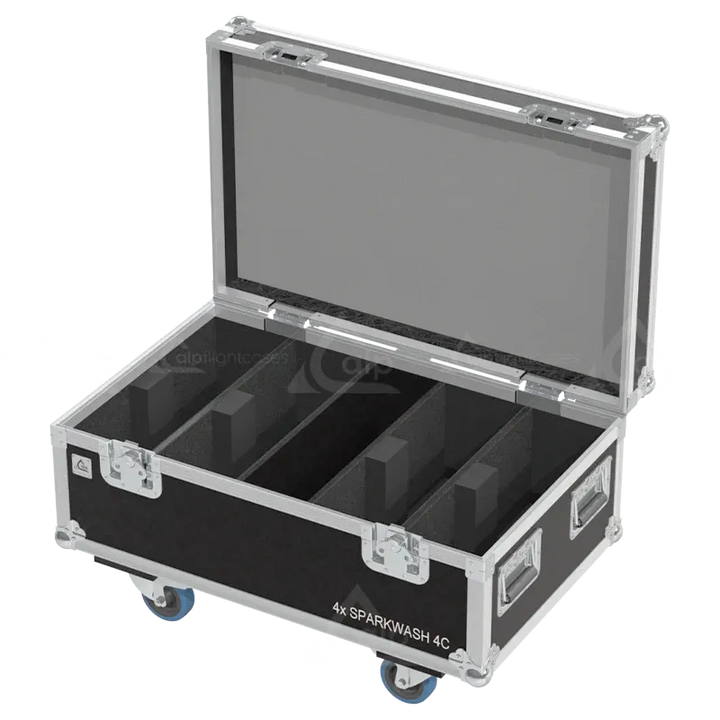 Empty flight case for 4x Leding SPARKWASH 4C showing precision-cut slots and accessory storage space