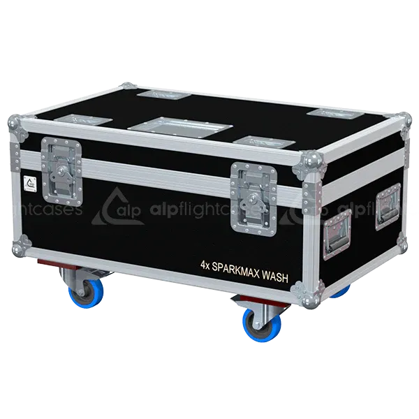 Front view of 4x Leding SparkWash MAX flight case with wheels and heavy-duty touring hardware