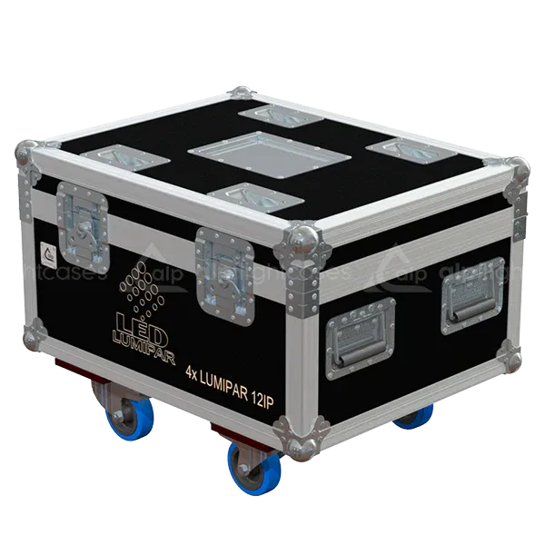 ALP FLIGHT CASES front view of 4x Prolights LumiPar 12IP flight case with heavy-duty touring hardware and wheels