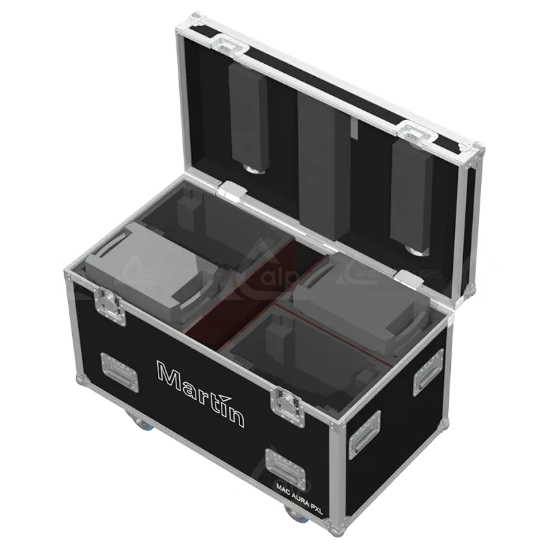 4x Martin MAC Aura PXL fixtures inside ALP FLIGHT CASES with custom CNC foam and clamp compartments