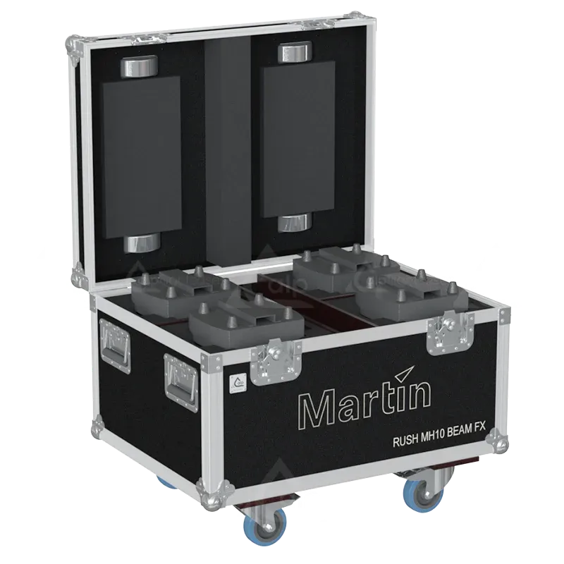 4x Martin Rush MH 10 Beam FX fixtures inside ALP FLIGHT CASES with custom CNC foam