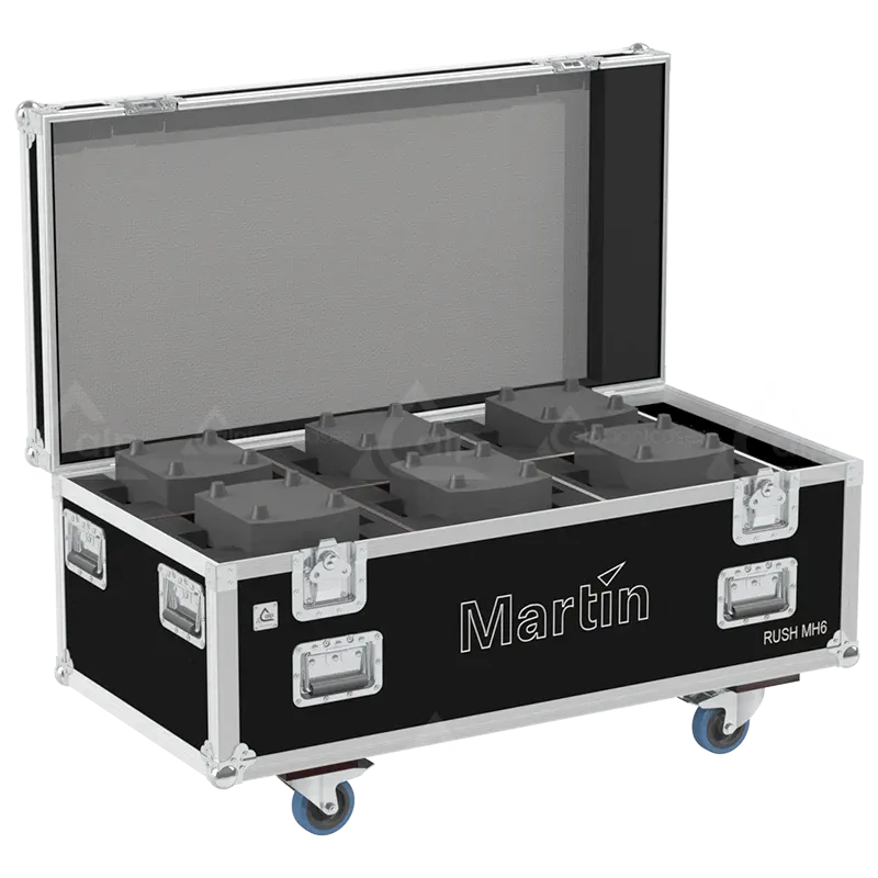 4x Martin Rush MH 6 Wash fixtures inside ALP FLIGHT CASES with custom CNC foam