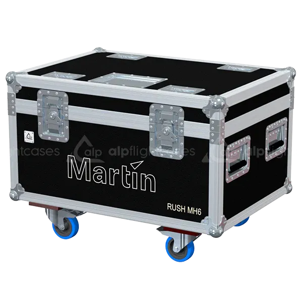 ALP FLIGHT CASES front view of 4x Martin Rush MH6 Wash flight case with heavy-duty touring hardware