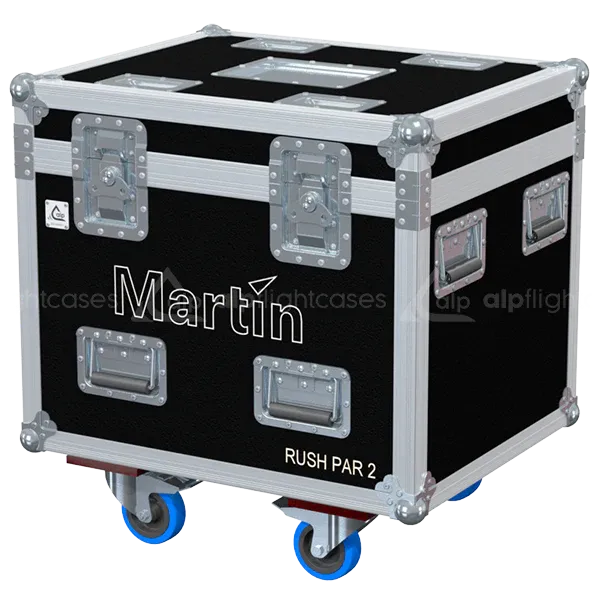 Front view of 4x Martin RUSH PAR 2 RGBW Zoom flight case with wheels and heavy-duty touring hardware