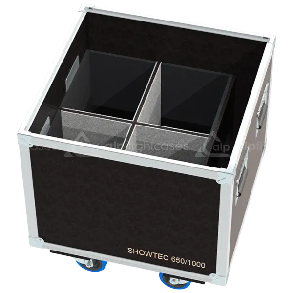 Empty flight case for 4x Showtec PC 650/1000 showing precision-cut vertical slots and accessory storage for barndoors
