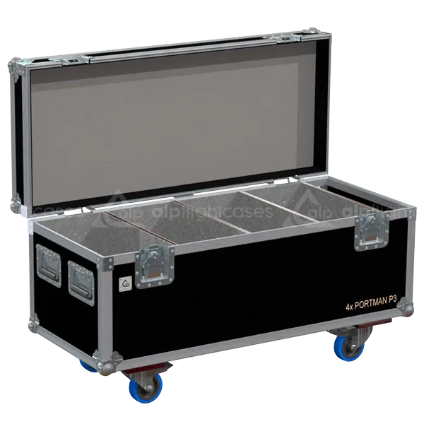 Empty flight case for 4x Portman P3 showing precision-cut vertical slots and specialized accessory storage for delicate lamps
