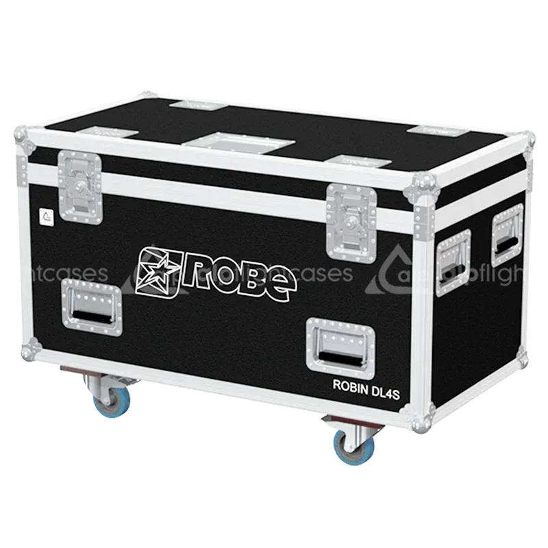 ALP FLIGHT CASES front view of 4x Robe Robin DL4S Profile flight case with heavy-duty touring hardware