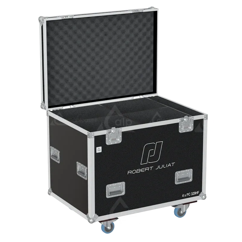 Empty flight case for 4x Robert Juliat 329H showing precision-cut slots for theatre lanterns and barn doors
