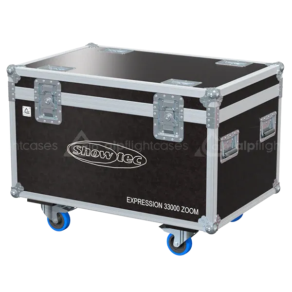 ALP FLIGHT CASES front view of 4x Showtec Expression 33000 Zoom flight case with heavy-duty touring hardware