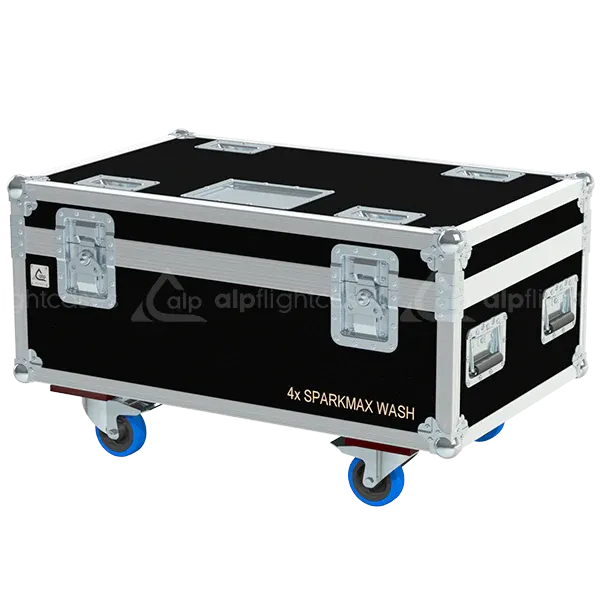 Front view of 4x SparkWash MAX LED wash flight case with wheels and heavy-duty touring hardware
