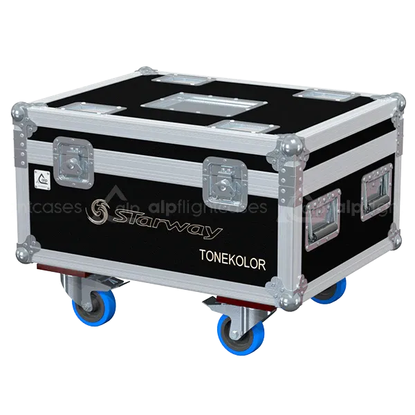 ALP FLIGHT CASES front view of 4x Starway ToneKolor 2412HD lighting flight case with heavy-duty touring hardware and wheels