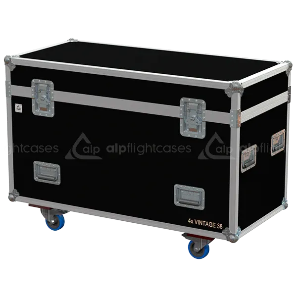 Front view of 4x Vintage 38cm Decorative Bowl Reflector flight case with wheels and heavy-duty touring hardware