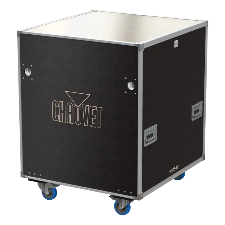 Front view of 4x Chauvet Ovation E-910FC 15-30º flight case with wheels and heavy-duty touring hardware