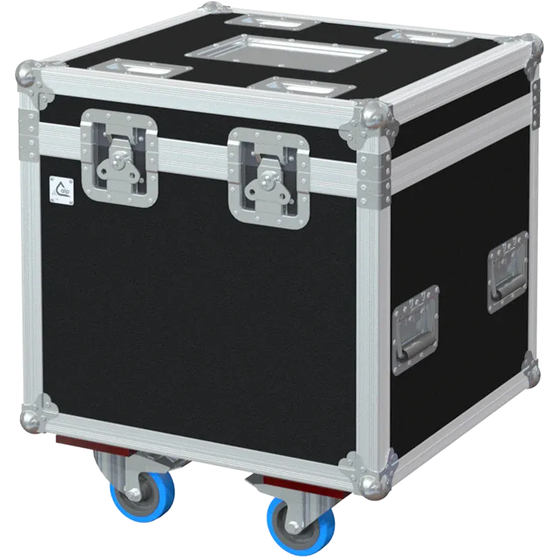 Front view of 4x Cameo ZENIT Z120 G2 flight case with wheels and heavy-duty touring hardware