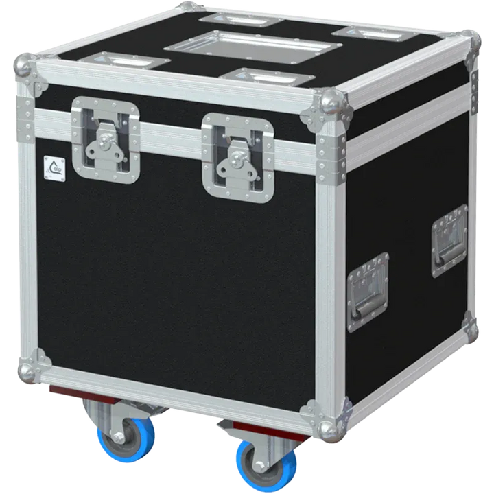 Front view of 4x Cameo ZENIT Z120 G2 flight case with wheels and heavy-duty touring hardware