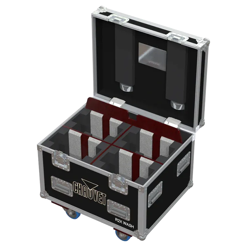 4x Chauvet Rogue R2X Wash fixtures inside ALP flight case with custom CNC foam interior