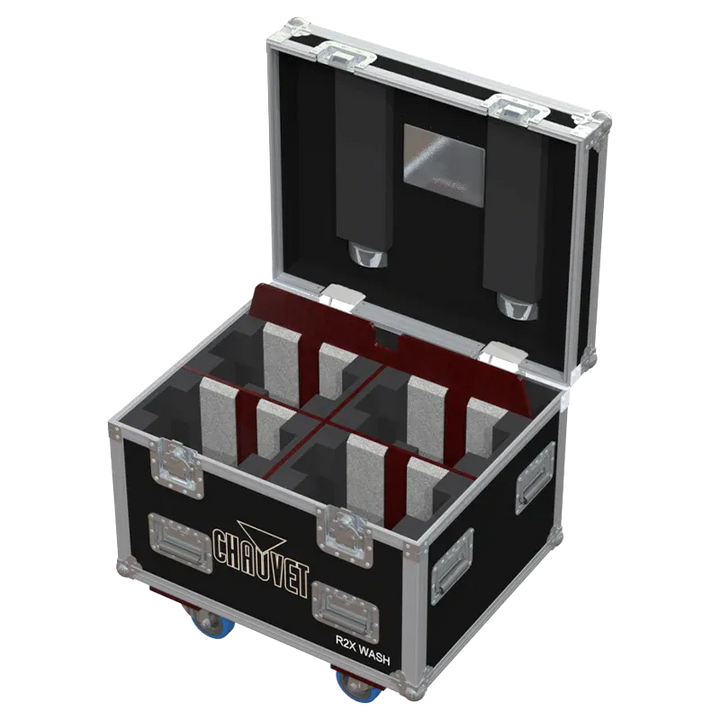 4x Chauvet Rogue R2X Wash fixtures inside ALP flight case with custom CNC foam interior