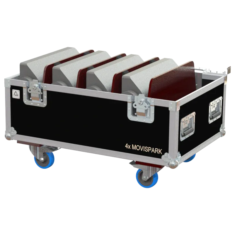 4x Leding Movispark Strobline fixtures stored in custom CNC foam flight case for secure transport