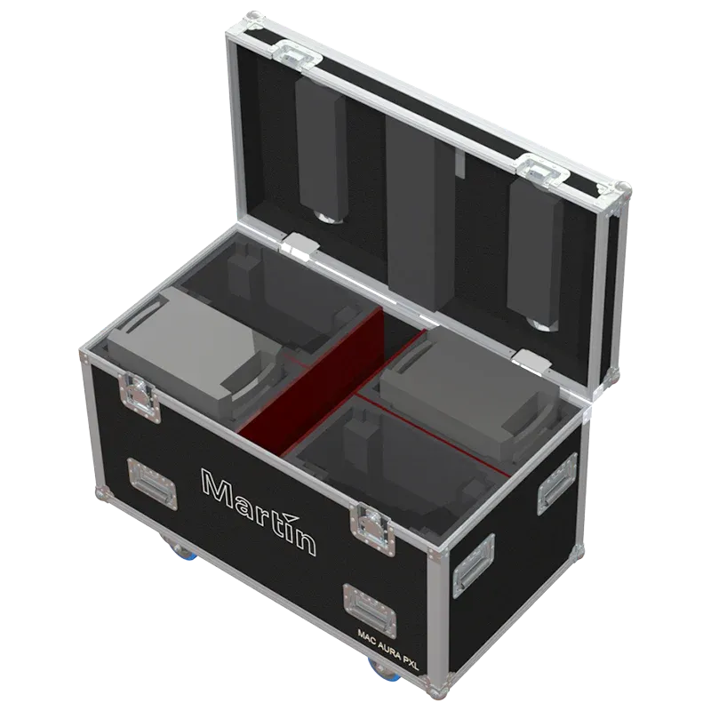 4x Martin MAC Aura PXL fixtures inside ALP FLIGHT CASES with custom CNC foam