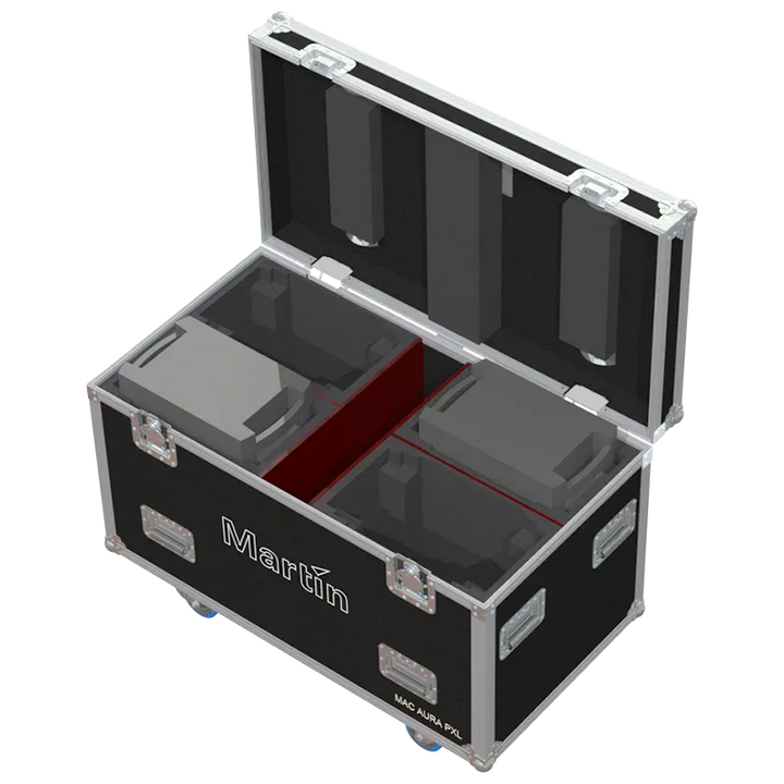 4x Martin MAC Aura PXL fixtures inside ALP FLIGHT CASES with custom CNC foam