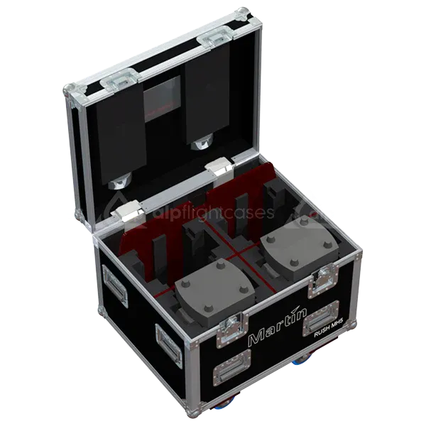 4x Martin Rush MH5 Profile fixtures inside ALP flight case with custom CNC foam interior