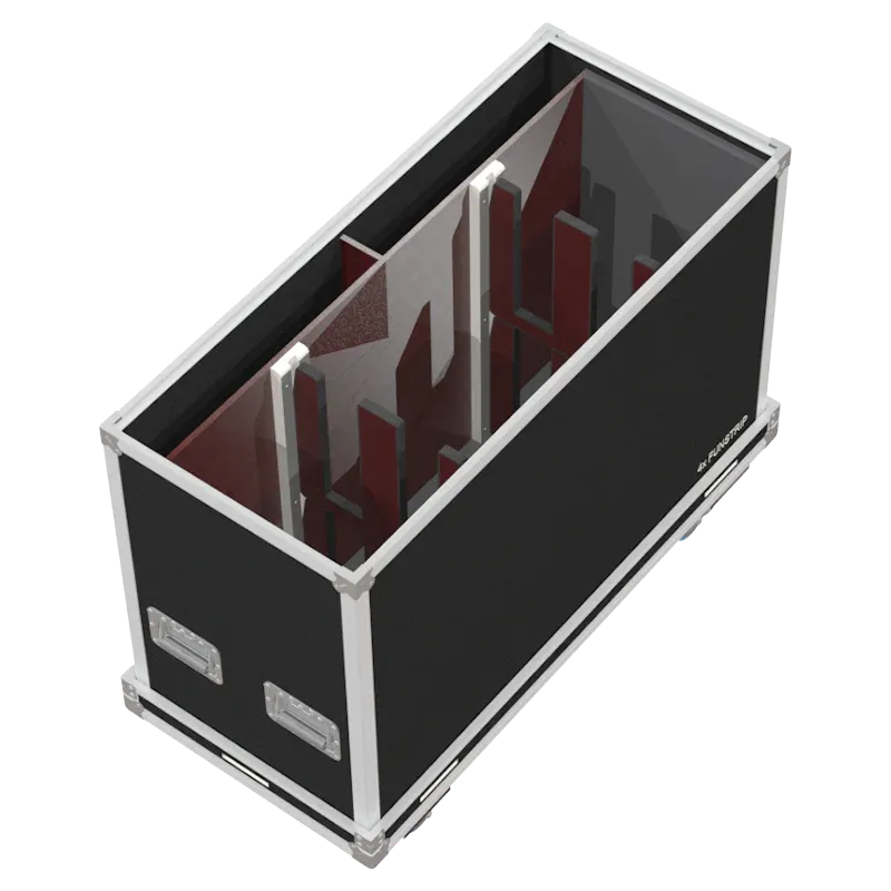 Empty ALP FLIGHT CASES 4-way trunk for OXO Funstrip showing internal slots and cable management space