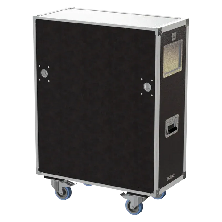 Front view of 4x Robert Juliat 614 SX + Clamps flight case with wheels and heavy-duty touring hardware