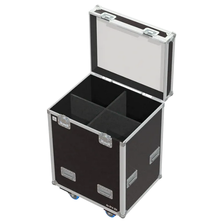 Empty flight case for 4x Robert Juliat 614 SX with precision-cut compartments and accessory storage