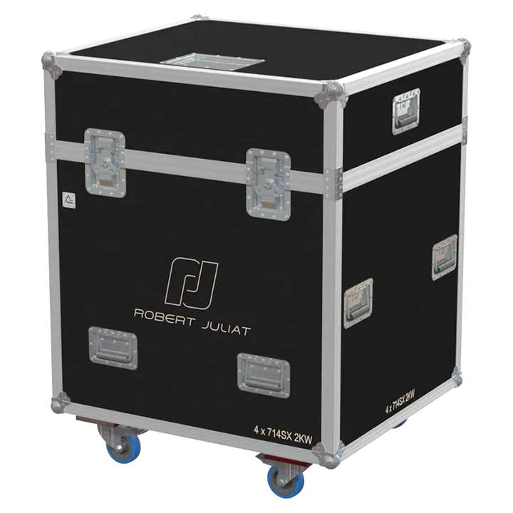 Front view of 4x Robert Juliat 714SX flight case with wheels and heavy-duty touring hardware