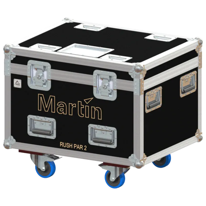 Front view of 4x Martin RUSH PAR 2 RGBW Zoom flight case with wheels and heavy-duty touring hardware