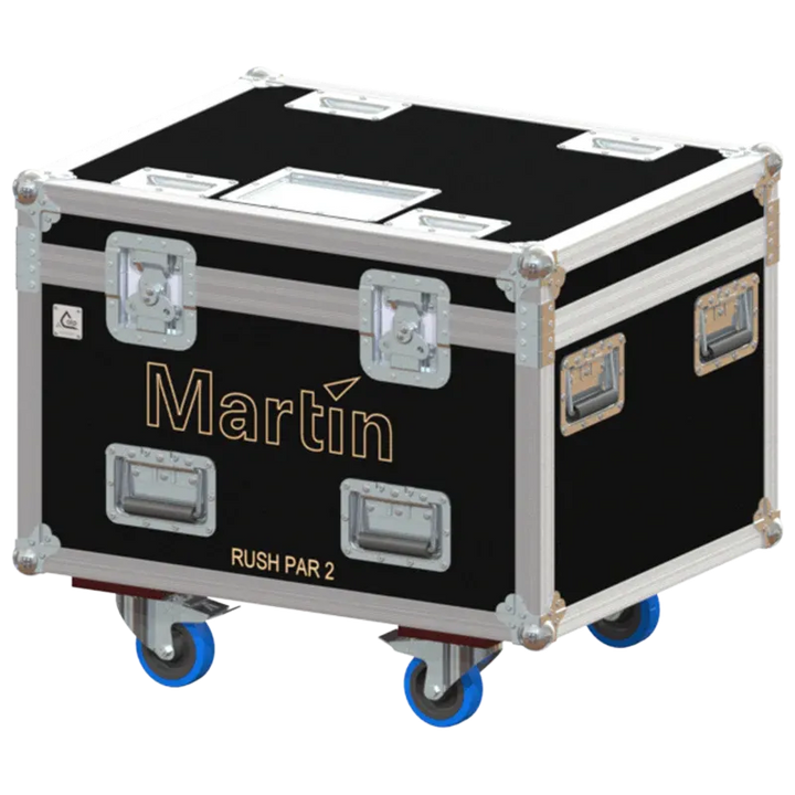 Front view of 4x Martin RUSH PAR 2 RGBW Zoom flight case with wheels and heavy-duty touring hardware