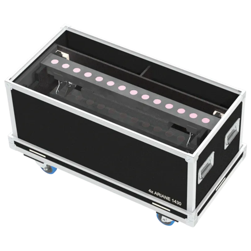 4x Starway Ariane 1430 LED bars stored in ALP lighting flight case with custom CNC foam compartments