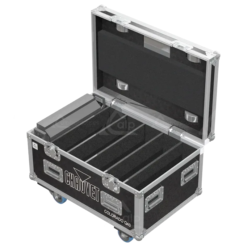 5 Chauvet COLORado Panel Q40 LED wash fixtures stored in custom CNC foam compartments for secure transport