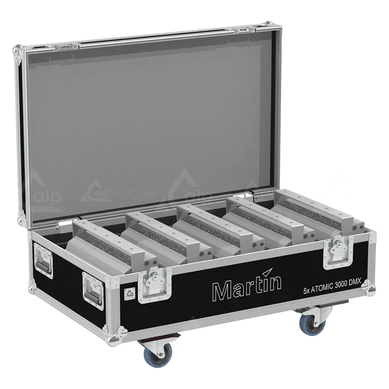 5x Martin Atomic 3000 DMX strobes stored in ALP lighting flight case with custom CNC foam compartments