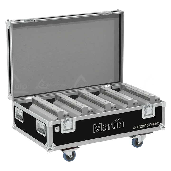 5x Martin Atomic 3000 DMX strobes stored in ALP lighting flight case with custom CNC foam compartments