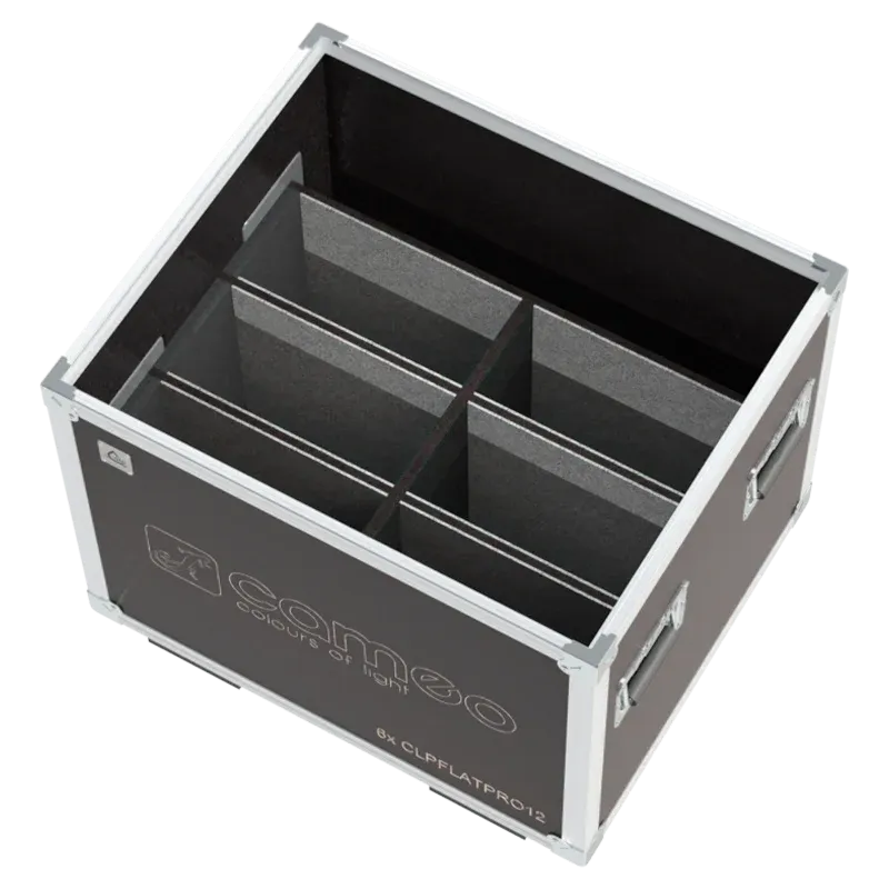Empty ALP FLIGHT CASES 6-way trunk for Cameo Flat Pro 12 showing internal slots and cable compartment