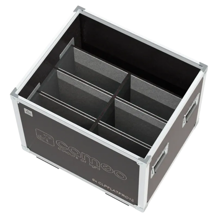 Empty ALP FLIGHT CASES 6-way trunk for Cameo Flat Pro 12 showing internal slots and cable compartment