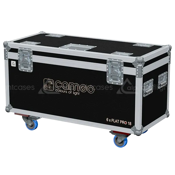 ALP FLIGHT CASES front view of 6x Cameo Flat Pro 18 IP65 flight case with heavy-duty touring hardware and wheels