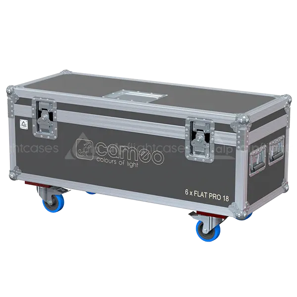 ALP FLIGHT CASES front view of 6x Cameo Flat Pro 18 flight case with heavy-duty touring hardware and wheels