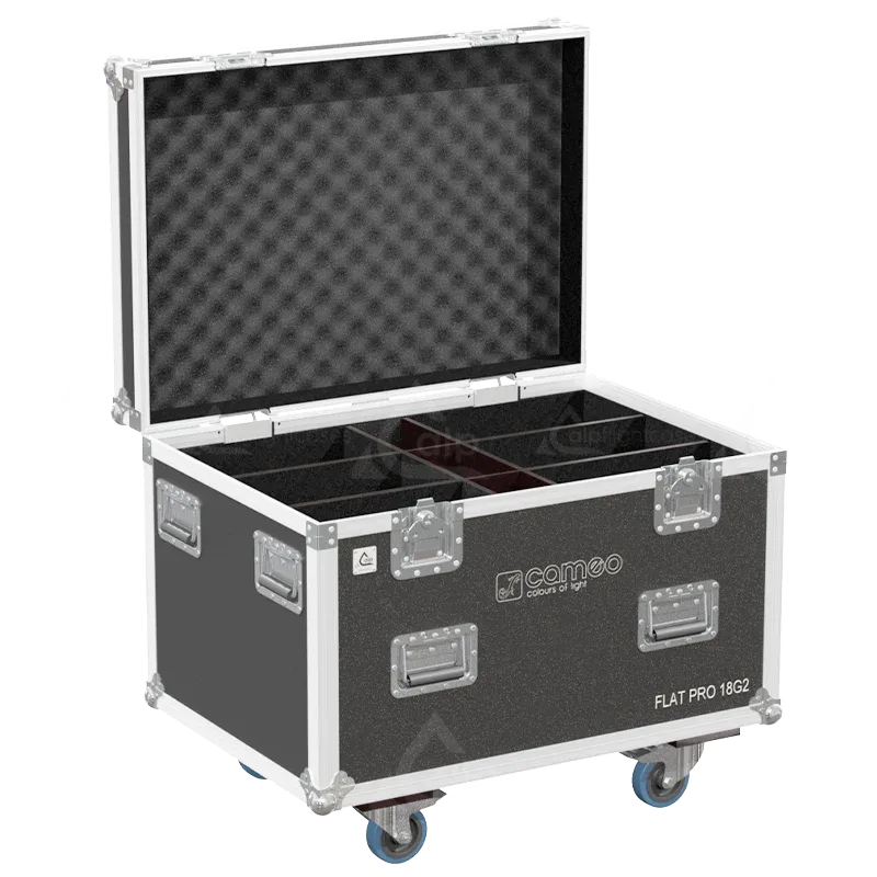 Empty flight case for 6x Cameo FLAT PRO 18 G2 with precision-cut compartments and accessory storage